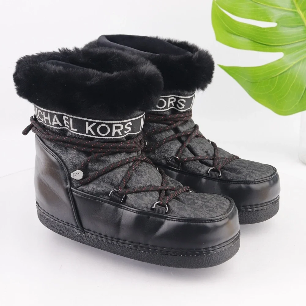 Michael Kors Womens Zelda MK Boots Size 9 Black Apres Ski Moon Snow Fur Booties